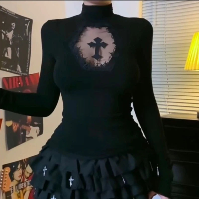 Turtleneck Top Y2k Clothes Black Gothic Cross Hollow out Slimming Bottoming shirt for Women Long Sleeve Sexy T-shirt Girls Tops
