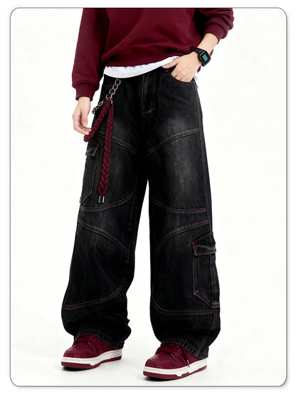 Men's American Street Retro Deconstruction Loose Wide Leg Jeans Unisex Baggy Men's Clothes Multi Pocket Skateboard Pants Jeans