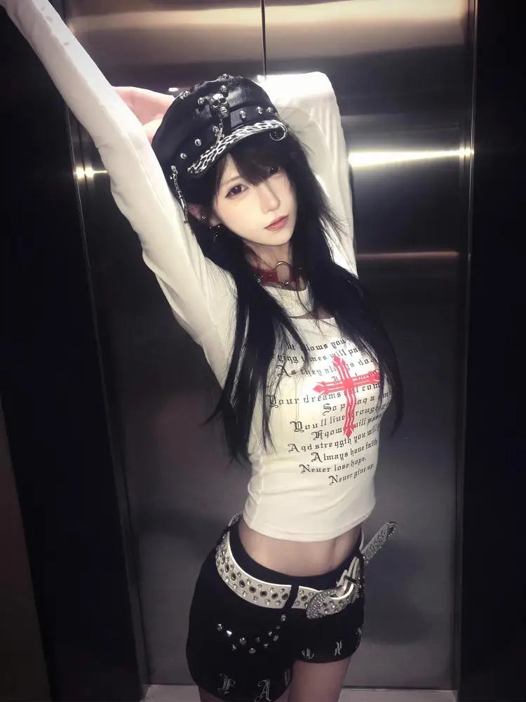 Seeslim Off Shoulder Graphic T Shirts Woman Clothes Long Sleeve Hotsweet Autumn Tops 2000s Clothes Y2k Tees Female Clothing Chic