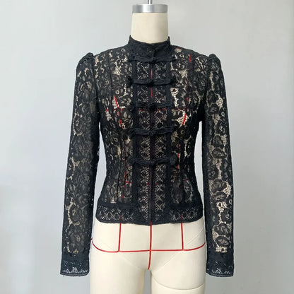 White Lace Printed Shirts Tops Women Full Sleeve Hollow Out Single Breasted Patchwork Blouse 2026 Lady Fashion Shrug Shirts New