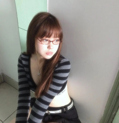 Karrram Trashy Y2k Crop Top Japanese 2000s Style Striped Long Sleeved T-shirt Vintage Harajuku High Street Tops American Retro