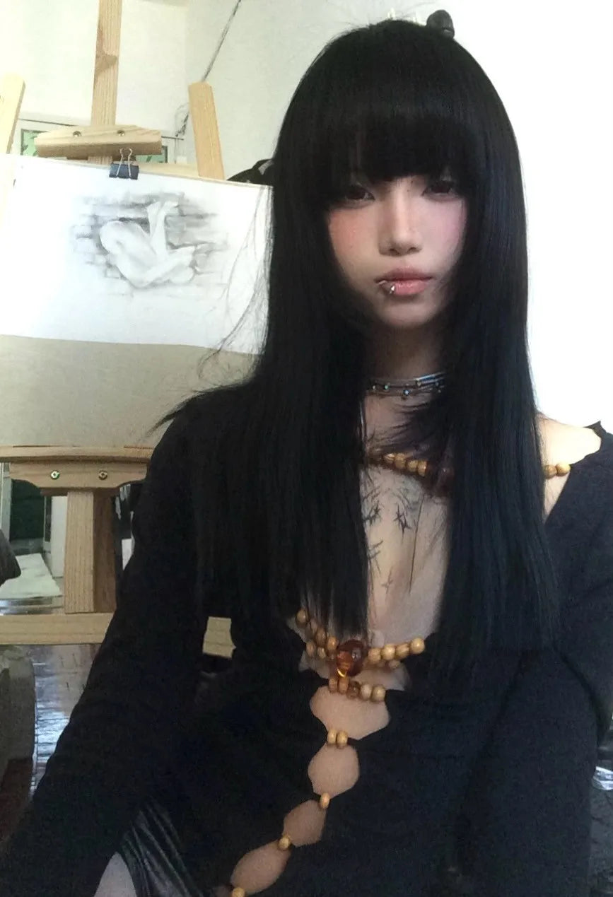 Karrram Japanese Y2k Hollow Out Tops Vintage Harajuku Beaded T Shirt 2000s Aesthetics Long Sleeve Slim T-shirts American Retro
