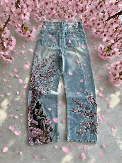 Y2k Vintage Baggy Fallen Knight Cherry Blossom Embroidery Jeans Men Women Fashion Straight Wide-leg Denim Pants Streetwear Jean
