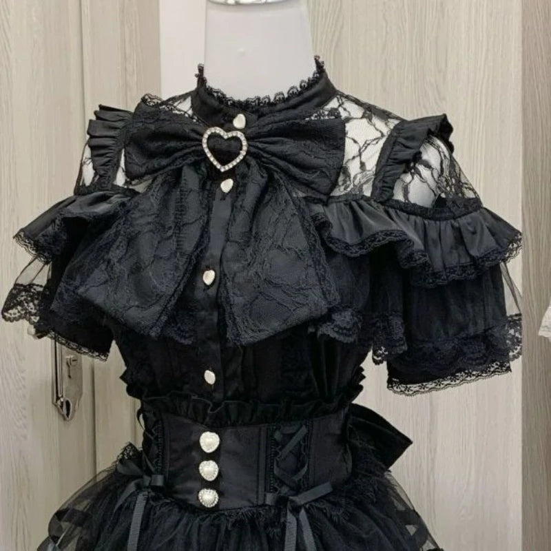 Japanese Kawaii Lolita Lace Patchwork Blouses Summer Women Harajuku Single Breasted Sweet Shirts Cute Girly JK Bow Tops Blusas