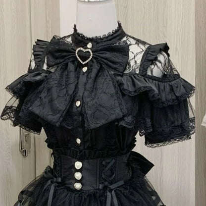 Japanese Kawaii Lolita Lace Patchwork Blouses Summer Women Harajuku Single Breasted Sweet Shirts Cute Girly JK Bow Tops Blusas