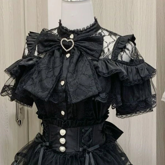 Japanese Kawaii Lolita Lace Patchwork Blouses Summer Women Harajuku Single Breasted Sweet Shirts Cute Girly JK Bow Tops Blusas