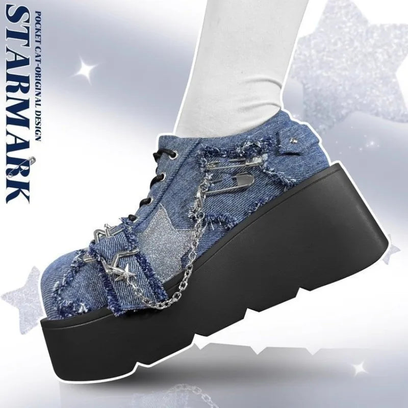 2024 New Y2K Star Print Chunky Platform Ankle Boots Women Metal Chain Blue Denim Boots Woman Cute Thick Bottom Jk Lolita Shoes