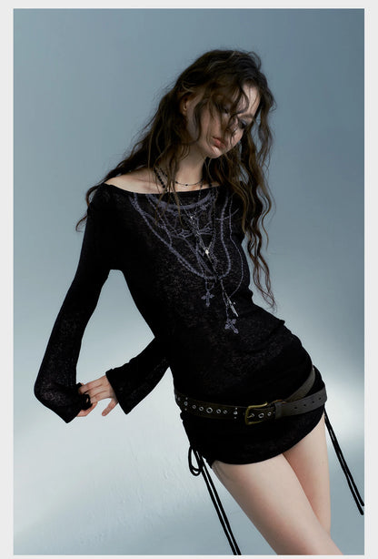 Karrcat Grunge Aesthetics Knitted Tops Vintage Tattoo Print T-shirt Wasteland Punk Black Ribbed Tee Shirt Gothic Alt Streetwear