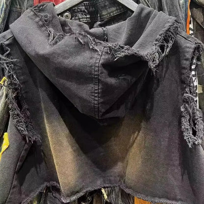 American retro old wash jeans vest women's fashion high-end stitching hole design short sleeveless hooded patch coat jacket.