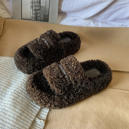 Thick Soled Plush Slippers for Autumn and Winter Versatile and Cute Fashionable and Small Waist Cotton Slippers for Home Use
