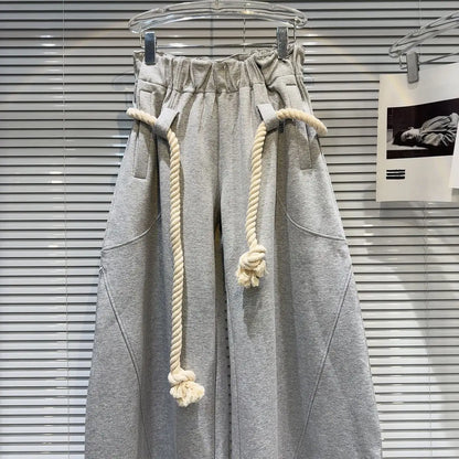 2025 New Women Personalized Woven Hemp Rope Belt Loose Wide-leg Casual Pants Bloomers