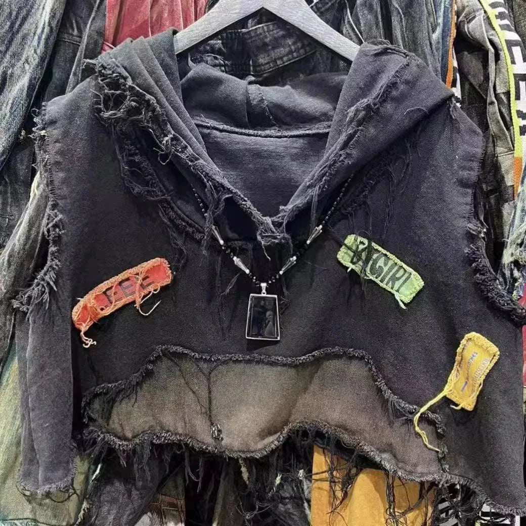 American retro old wash jeans vest women's fashion high-end stitching hole design short sleeveless hooded patch coat jacket.
