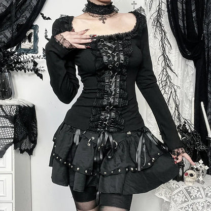 Goth Black Lace Trim Long Sleeve T-Shirts Vintage Sexy Lace-up Square Collar Tops with Choker Cross Women Autumn Tees