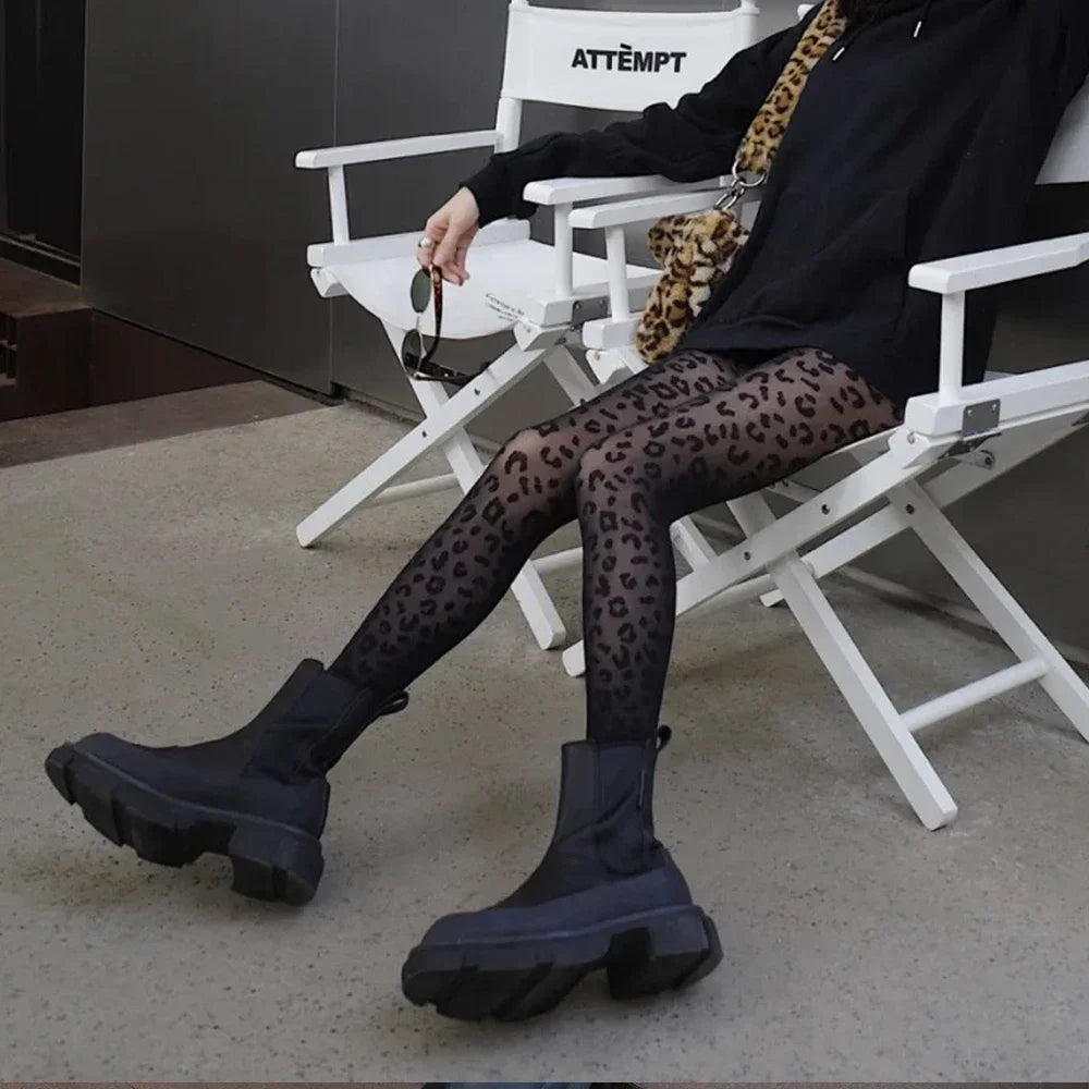 Women Sexy Thin Transparent Silky Pantyhose Gothic Black Sexy Vintage Leopard Animal Pattern Sheer Tights Seamless Stockings