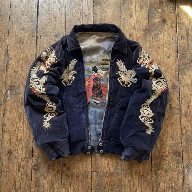 Y2K Vintage Harajuku Embroidery Sukajan Jacket Women Men Retro Dragon Eagle Bomber Coat Streetwear Oversized Souvenir Jackets