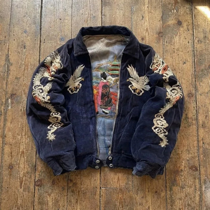 Y2K Vintage Harajuku Embroidery Sukajan Jacket Women Men Retro Dragon Eagle Bomber Coat Streetwear Oversized Souvenir Jackets