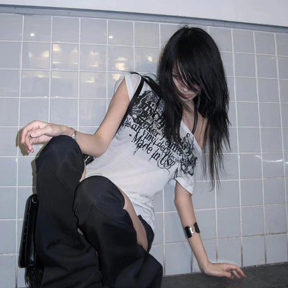 Karrram Japanese Y2k Letter Print T-shirt Trashy 2000s Style Tattoo T Shirt Vintage Harajuku Short Sleeve Sheer Tops Grunge Goth