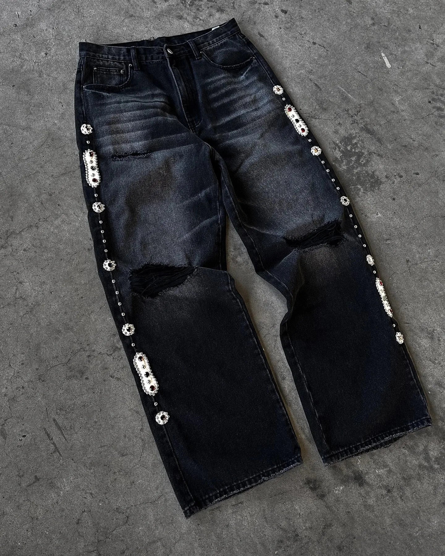 Y2k Vintage Baggy Fallen Knight Cherry Blossom Embroidery Jeans Men Women Fashion Straight Wide-leg Denim Pants Streetwear Jean