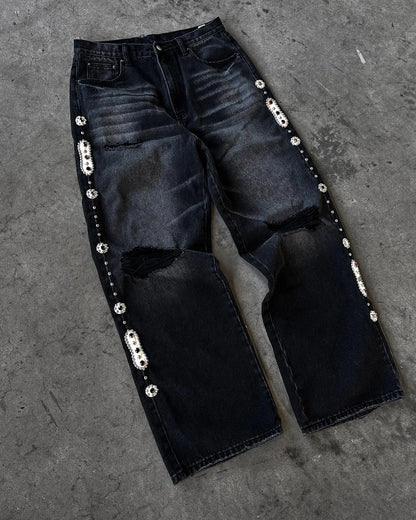 Y2k Vintage Baggy Fallen Knight Cherry Blossom Embroidery Jeans Men Women Fashion Straight Wide-leg Denim Pants Streetwear Jean