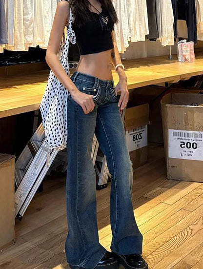 Women's Vintage High Street Low-Waisted Jeans 2025 New All-Match Wide Leg Y2K Denim Trousers Female Sexy Slim Fit Flares Pants