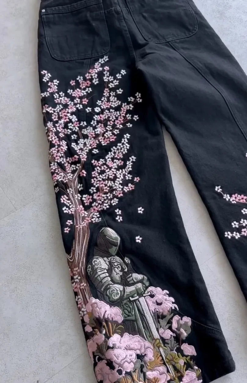 Y2k Vintage Baggy Fallen Knight Cherry Blossom Embroidery Jeans Men Women Fashion Straight Wide-leg Denim Pants Streetwear Jean