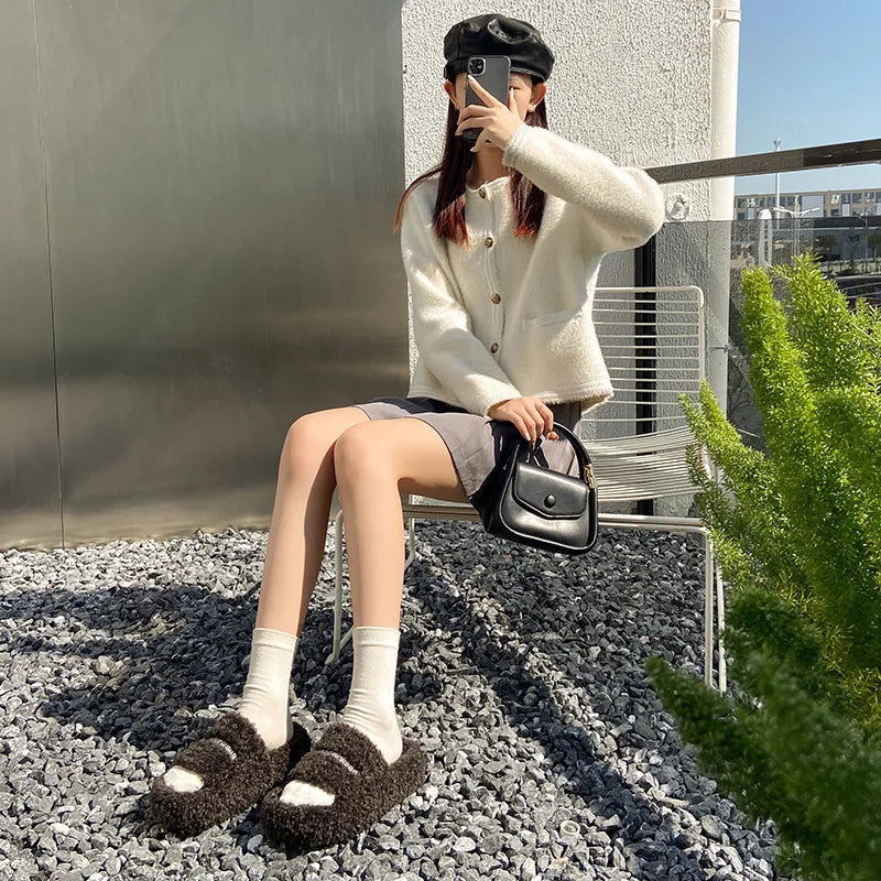 Thick Soled Plush Slippers for Autumn and Winter Versatile and Cute Fashionable and Small Waist Cotton Slippers for Home Use