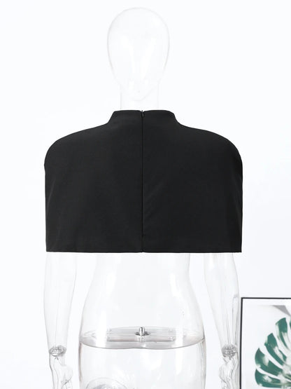 Elegant Cropped Shawl Tops Women's Short Sleeves Stand Collar Coat With Shoulder Pad 2026 New Ladies Spring Summer Solid Outwear