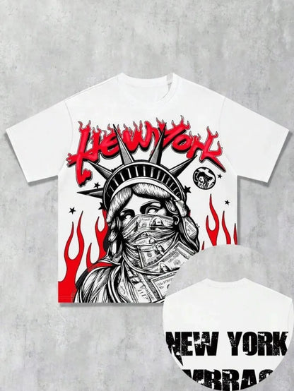 Hot selling new men's Statue of Liberty printed round neck breathable T-shirt and shorts outdoor comfortable two-piece set