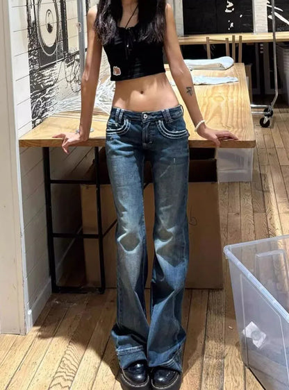 Women's Vintage High Street Low-Waisted Jeans 2025 New All-Match Wide Leg Y2K Denim Trousers Female Sexy Slim Fit Flares Pants