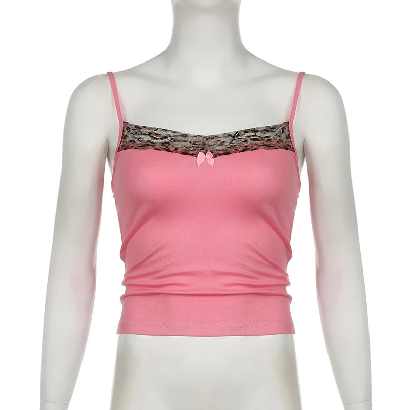 Vintage Leopard Print Stitched Crop Top Women Casual Sleeveless Cute Bow Patchwork Strap Tees y2k Summer Crop Tops Ladies