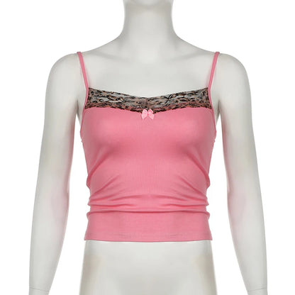 Vintage Leopard Print Stitched Crop Top Women Casual Sleeveless Cute Bow Patchwork Strap Tees y2k Summer Crop Tops Ladies