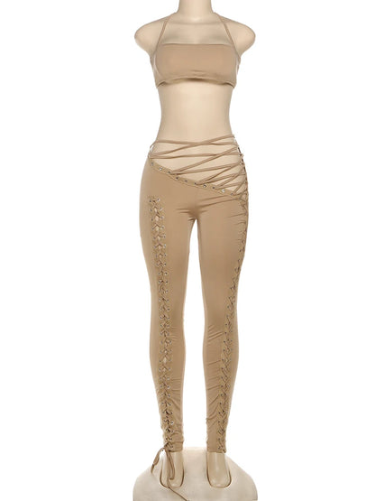 Weird Puss Sexy 2piece Set Women Hipster Halter Camisole+Shirring Hollow Pants Midnight Matching Stretch Clubwear Skinny Outfits