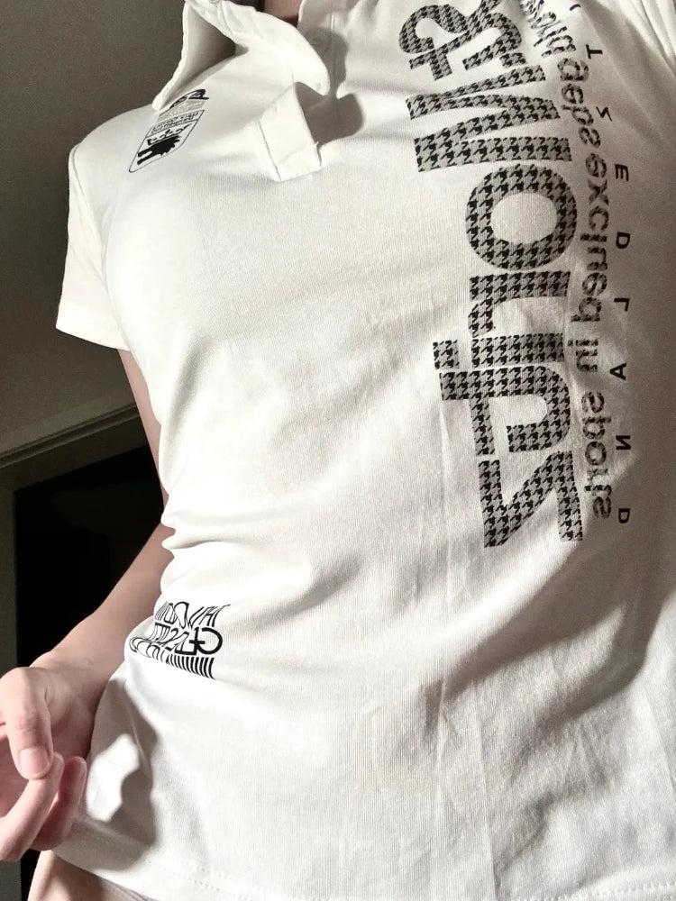 Y2K Japanese Streetwear Polo Shirt Women Slim Crop Tee 2025 White Short Sleeve Tops Letter Badge Houndstooth Vintage Harajuku