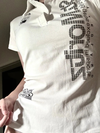 Y2K Japanese Streetwear Polo Shirt Women Slim Crop Tee 2025 White Short Sleeve Tops Letter Badge Houndstooth Vintage Harajuku
