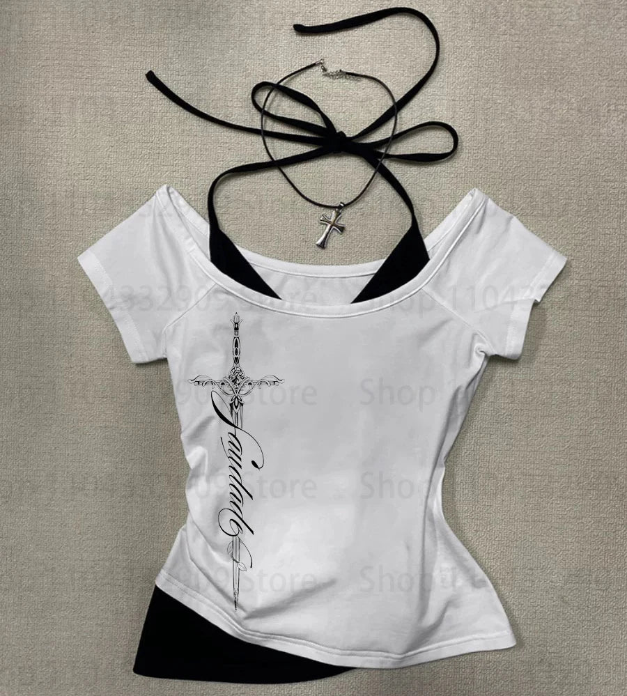 Y2K Harajuku Aesthetic Gothic Fairycore Long Sleeve Tee Character Slim Chic Print Casual Crop Top Grunge Punk Hip Hop Streetwear