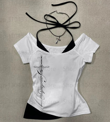 Y2K Harajuku Aesthetic Gothic Fairycore Long Sleeve Tee Character Slim Chic Print Casual Crop Top Grunge Punk Hip Hop Streetwear