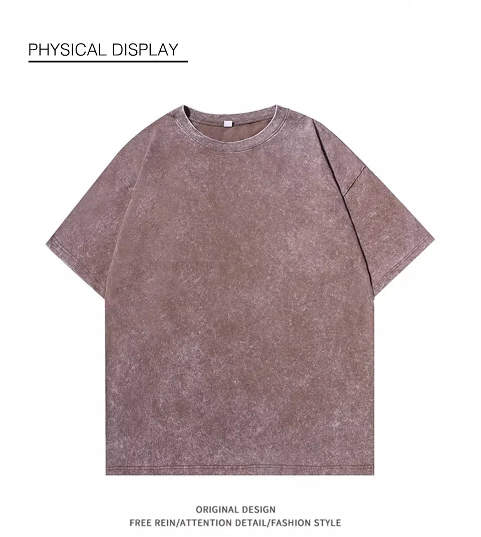 American Style Retro Heavyweight Solid Color Short Sleeved T-shirt Men Women Summer Street Trendy Washed Old Oversized Clothes