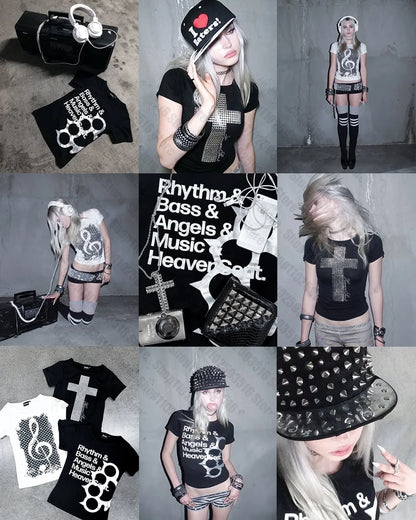 Baby Tees Y2k Kitty Women's Cropped Grunge Clothes Crop Top Women Anime Girl 90s Clothes Vintage Aesthetic Clothing Kpop Goth