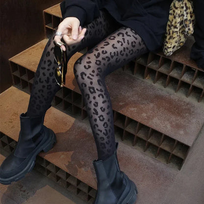 Women Sexy Thin Transparent Silky Pantyhose Gothic Black Sexy Vintage Leopard Animal Pattern Sheer Tights Seamless Stockings
