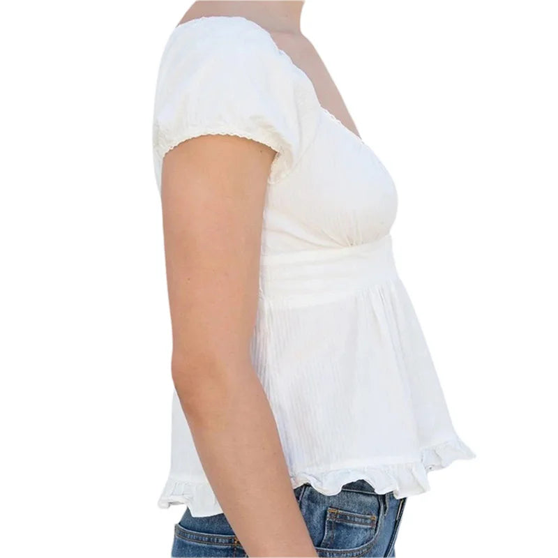 Y2K Fairy Grunge Crop Top for Women Short Sleeve Lace Patchwork T-Shirt Aesthetic Slim Fit Cute Babydoll Top Tees