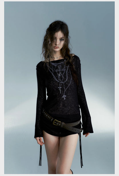 Karrcat Grunge Aesthetics Knitted Tops Vintage Tattoo Print T-shirt Wasteland Punk Black Ribbed Tee Shirt Gothic Alt Streetwear