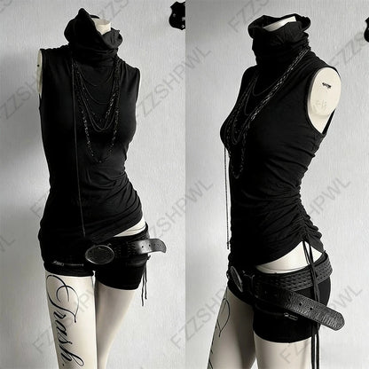 Gothic Y2K Women's Long-Sleeve T-Shirt Sexy Slim Fit Chic Slash Neck Zipper Design Crop Top Rock Punk Hip Hop Women's Streetwear