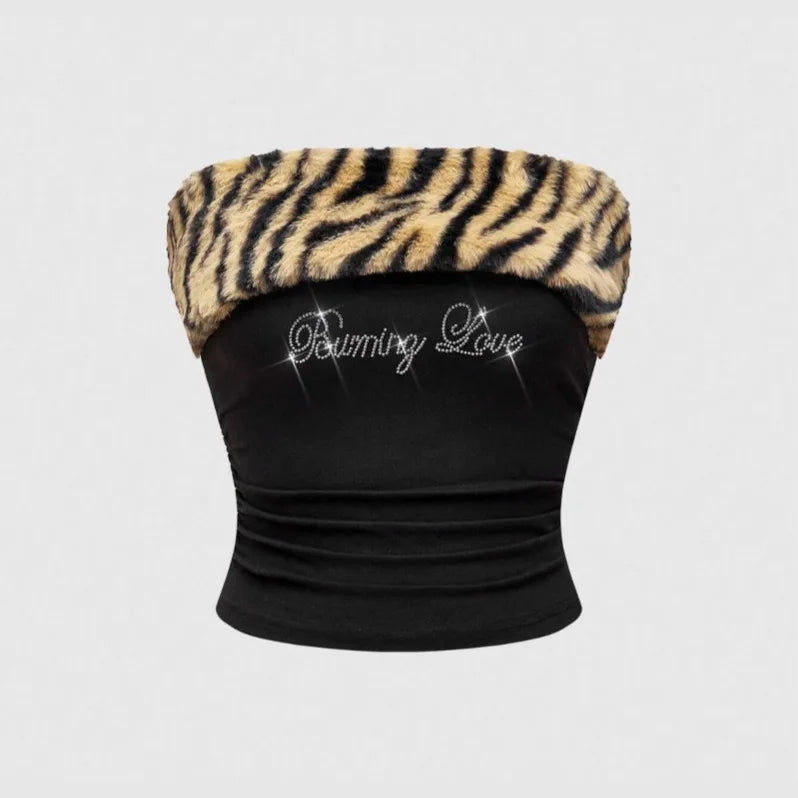 Leopard print patchwork slim fit sexy exposed navel dark letter hot stamping strapless vest with personality