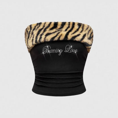 Leopard print patchwork slim fit sexy exposed navel dark letter hot stamping strapless vest with personality