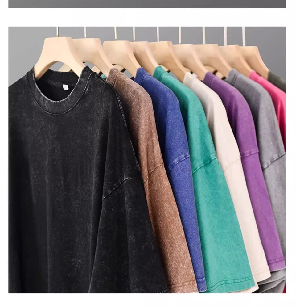 American Style Retro Heavyweight Solid Color Short Sleeved T-shirt Men Women Summer Street Trendy Washed Old Oversized Clothes
