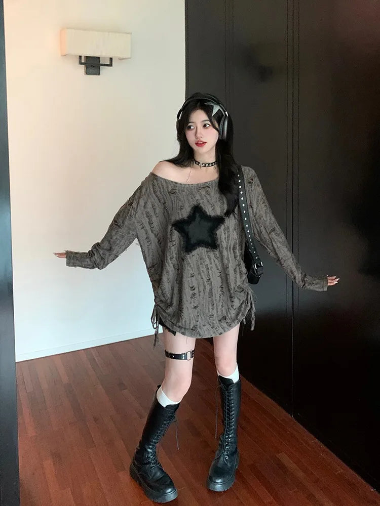 Hole Star Loose Y2K T Shirt Women O Neck Drawstring Long Sleeve Tees Fashion Streetwear Kpop Pullover Tops Female T-shirts