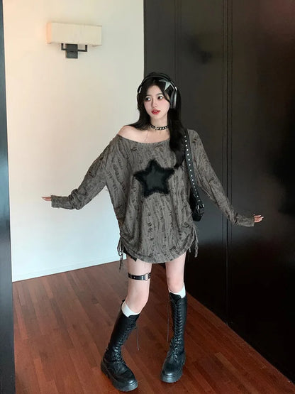 Hole Star Loose Y2K T Shirt Women O Neck Drawstring Long Sleeve Tees Fashion Streetwear Kpop Pullover Tops Female T-shirts