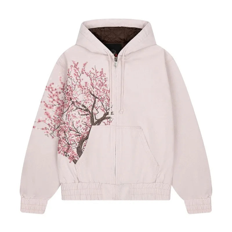 Y2K Two Piece Cherry Blossom Selvedge Embroidery oversized Hoodie Sweatshirt denim fabric American Hip hop Streetwear Pants Set