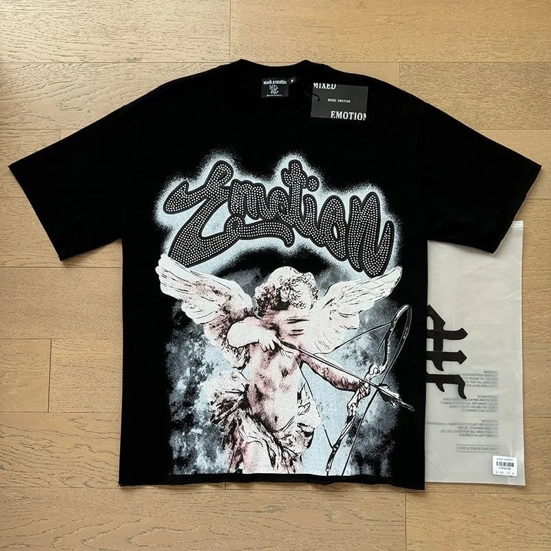 Fashion Brand MIXED EMOTION T-shirts Men Women Couple Streetwear Angel Print Summer Top Tee Round Neck Short Sleeve