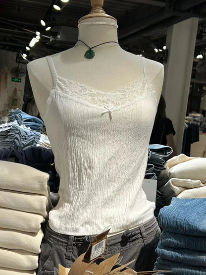 Lace Trim Strapless Tops Women Cotton Soft Slim  White Sexy Sleeveless Camisole Sweet Cute Chic Tank Tops Y2K